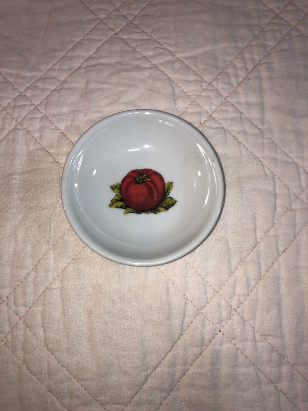 Small White Porcelain Dipping Bowl featuring a Tomato